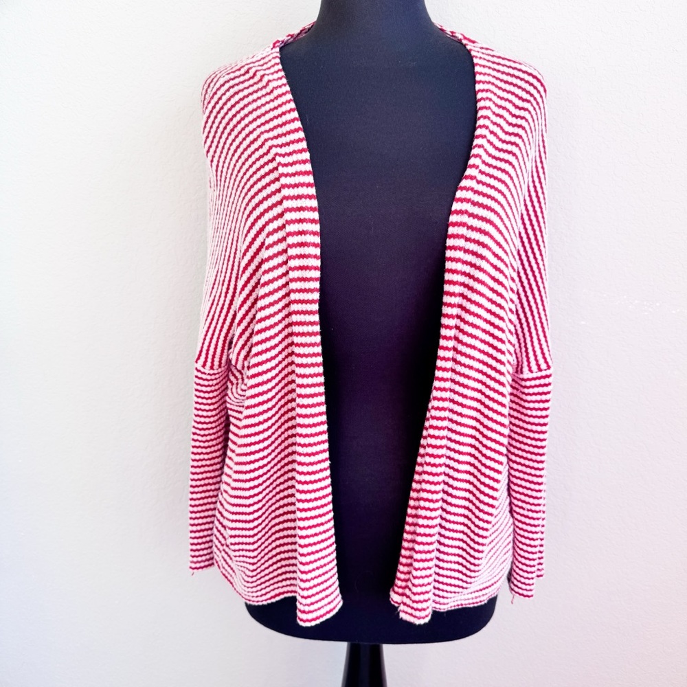 August Mist Red White Striped Open Cardigan Lightweight Size M